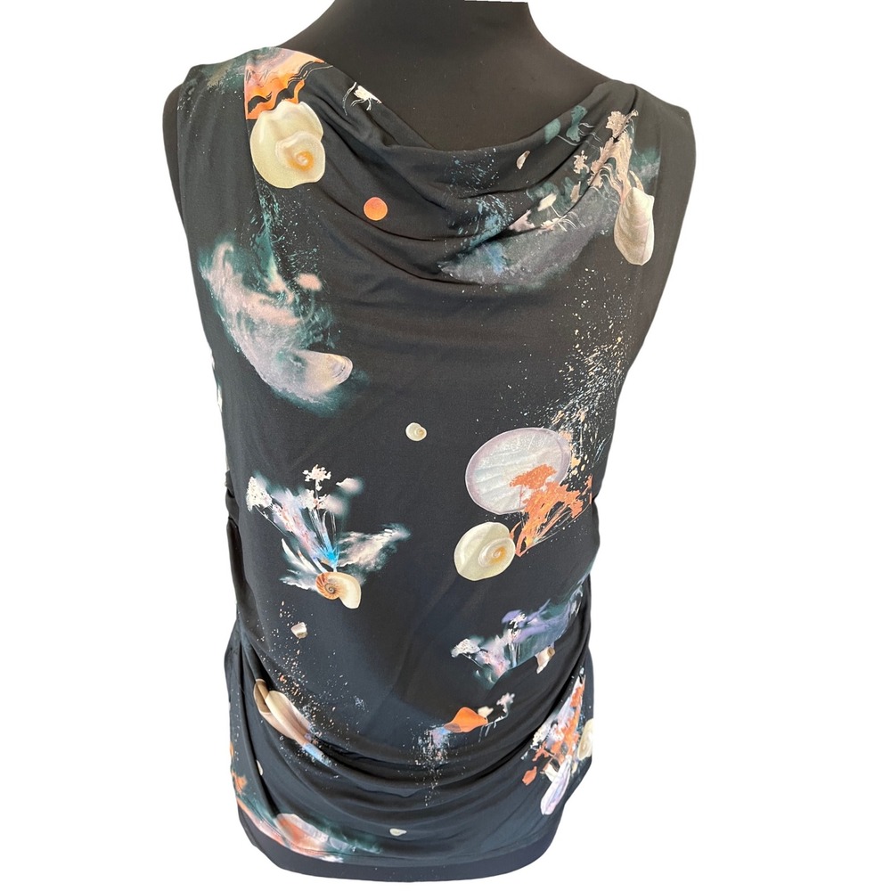Bimba Y Lola Black Seashell Print Cowl Neck Ruched Sleeveless Top Size M